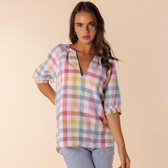 Linen Multi Check Top