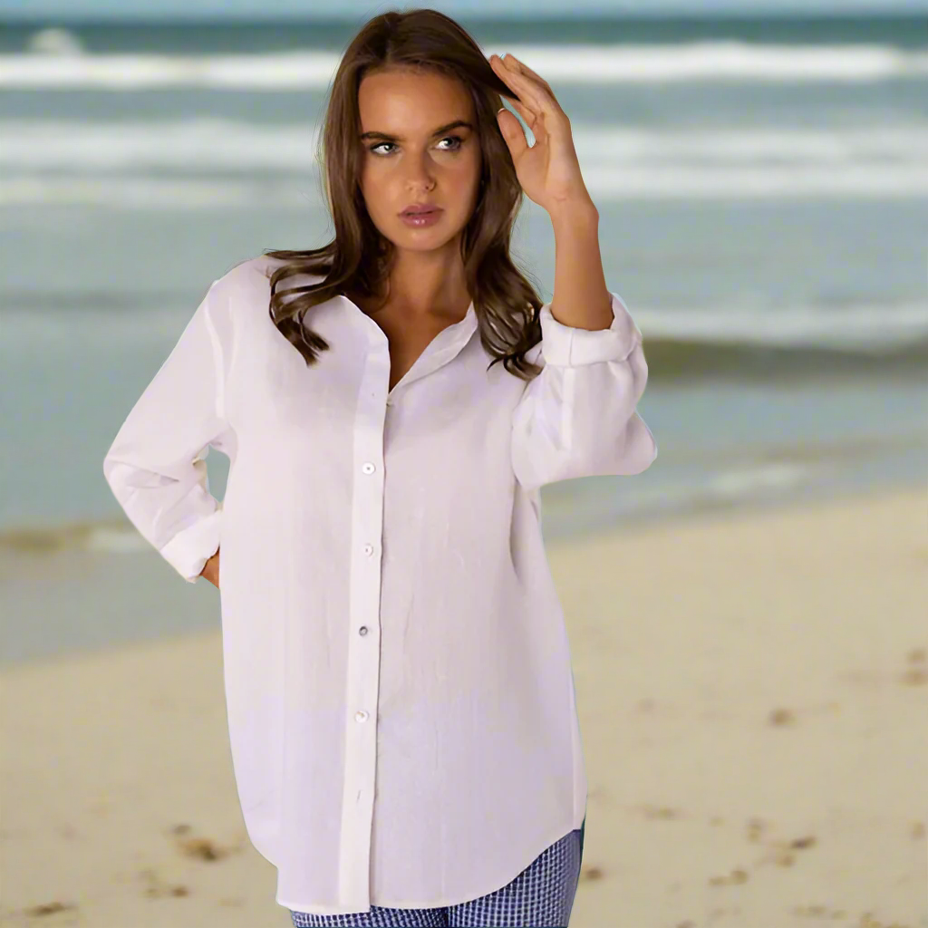 Everyone needs a white linen boyfriend shirt. Casual weekend shirts are a must have.