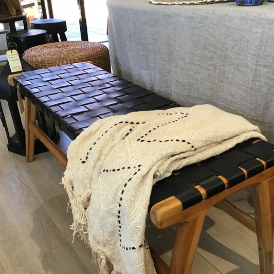 Teak Bench with real leather woven seat